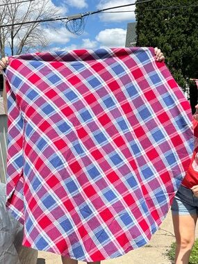 Red White and Blue Plaid Round Tablecloth Vintage